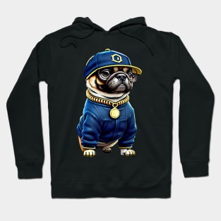 Cool Pug in Denim and Bling - Adorable Pug Wearing Hip Hop Style Clothing Hoodie